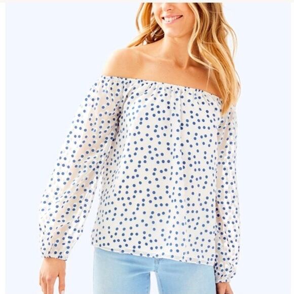 Lilly Pulitzer Lou Lou Top In Bennet Blue Polka Dot Off The Shoulder Size XS - Picture 1 of 8